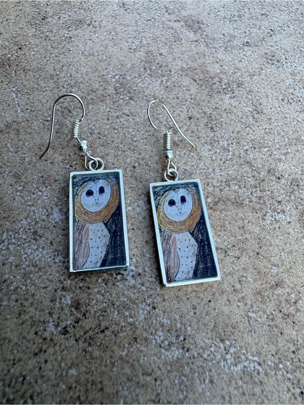 Owl Illustration Rectangle Dangle Earrings in Brown and Black